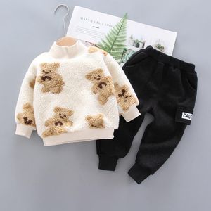 Clothing Sets 2023 Winter Baby Boys Sweater Jackets Thick Warm Spring Girl Plus Cashmere Two Piece Cartoons Bear Teenager Clothes Outwear