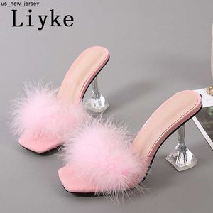 Slippers Liyke 9CM Transparent High Heels Fur Slippers Women Feather Sandals Peep Toe Lady Pumps Slides Party Shoes Pink J230519