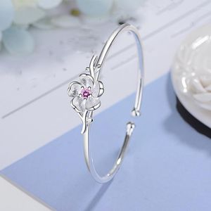 Bangle Fashion Silver Color Shiny Cherry Blossoms Design Crystal Bracelets&Bangles For Women Wedding Band Jewelry Wholesale