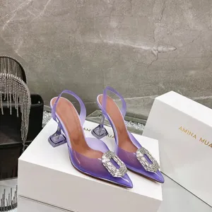 Amina Muaddi Camelia Crystal-vellished PVC Pumps 스풀 스틸레토 힐 샌들 여성 고급 디자이너 드레스 신발 저녁 슬링 백 스트랩 신발 공장 신발