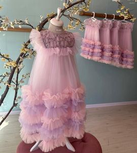 Flicka klänningar rosa tyllblomma för bröllopsnivå rufsar barn födelsedagstävling klänningar ärmlösa barn småbarn baby
