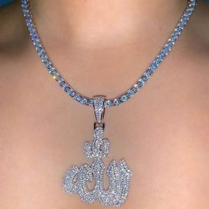 Necklaces New Iced Out Silver Color Muslims Allah Necklace Pave Zircon 5MM Tennis Chain Allah Pendant Necklace Women Men Hip Hop Jewelry