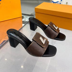 Designer Women's Slippers High Heel Genuine leather Fashion Ladies Shoes Banquet Party One-way Slippers with Buckle Women's Sandals Large Size 35-43 with Box