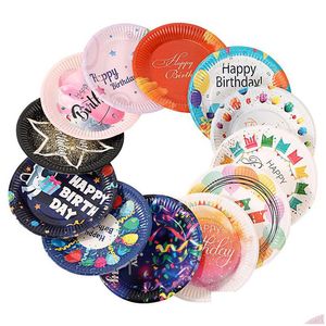 Disposable Dinnerware Happy Birthday Paper Plate Set 10Pcs 7 Inches Party Tableware Cake Fruit Candy Tray Drop Delivery Home Garden Dhi20