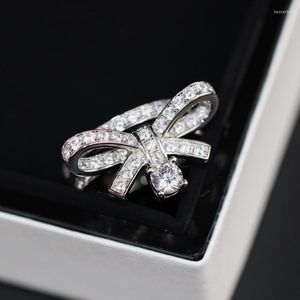 Cluster Rings Brand Pure 925 Sterling Silver Jewelry Bowknot CZDiamond Wedding Engagement Ring Luxury