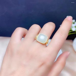 Cluster Rings Natural Hetian White Jade Ring for Women Silver Jewelry Soft Character Real 925 Gold Plated Special Craftmanship Frosted