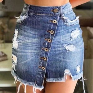 Skirts 2021 New women's short high waist tear hole multi breasted irregular tassel denim black blue street clothes P230529