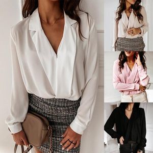 Women's Blouses Elegant Women Solid Color Long Sleeve Shirts Front Cross Wrapped V Neck Ladies Top Blusa Feminina Tops