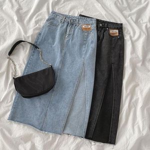 Kjolar ljusblå hög midja jean kvinnor 2023 sommar sida split denim lång kjol kvinnlig vintage streetwear maxi