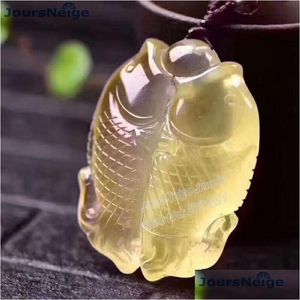 Pendant Necklaces Wholesale Yellow Natural Crystal Pendants Hand Carved Double Fish Sweater Chain Necklace Lucky For Women Men Drop Dhyya