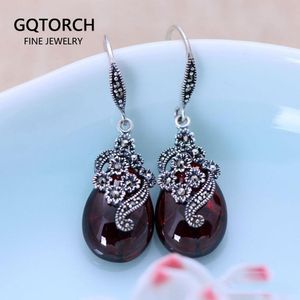 Knot Vintage Dangling Earrings Real 925 Sterling Silver Jewelry Natural Garnet Red Stone Carved Flower Drop Shaped Earrings for Women