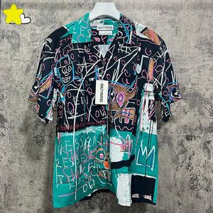 2023SS Camisas casuais masculinas praia manga curta casual feminina casal graffiti padrão azul