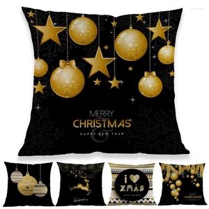Pillow Merry Christmas &Happy Year Black Background Goden Ornamental Ball Alphabe Case Sofa Holiday Decorative Cover