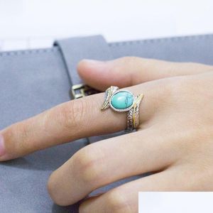 Band Rings Vintage Personalized Feather Turquoises Ring Fashion Jewelry Sier Color For Women Finger Wholesale Drop Delivery Dhazr