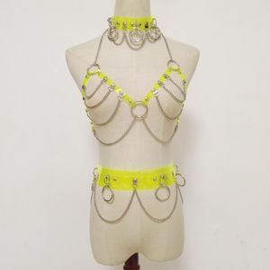 Panties Fashion Sexy Harajuku Handmade neon green Choker harness punk Collar belt Necklace Bra Spikes Chain torques club party