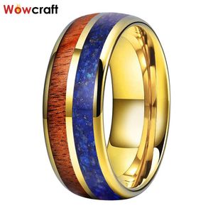 Rings 8mm Fashion Men Women Gold Promise Jewelry Tungsten Carbide Rings with Koa Wood Lapis Lazuli Inlay Domed Band Comfort Fit