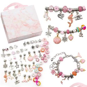 Armreif Cartoon Kinder Kristall Glasperlen Armbänder DIY Kits für handgefertigte Schmuckherstellung mit Geschenkbox Rosa Blau Ozean Tier Char Dhg1S