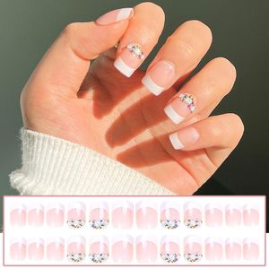 False Nails 24pcs Nail French Long Press On Elegant Fingernails Stickers Rhinestones Artificial Salon DIY Art SANA889