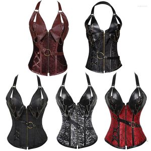 Bustini Corsetti Corsetto in pelle punk a 4 acciai con cintura e collo Shapepiece Set di biancheria intima da corte europea Marrone