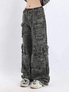 Женские брюки из двух частей 2023, уличный камуфляжный комбинезон в американском стиле в стиле ретро, повседневные брюки с широкими штанинами в стиле хип-хоп, высокие брюки Y2K 230519