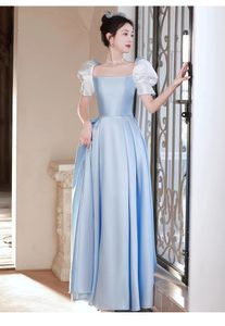 Satin Mutter der Braut Schaufel Schnürung weiße Prinzessin hintere Bodenlänge Falten elegante Abend formelle Kleider Heckkleid Blaues Brautjungfer 403