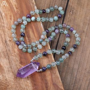 Necklaces 108 Mala Beads Natural Rainbow Fluorite Stone Yoga Necklace Amethysts Quartz Point Pendant Knotted Necklace For Women N0245AM
