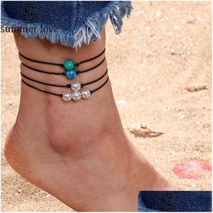 Anklets 4st/Ställ in New Pearl Blue Green White Turquoise Anklet For Women Bohemian Handmade Woven Wax Rope Justerbart armband Drop Del DH3E9