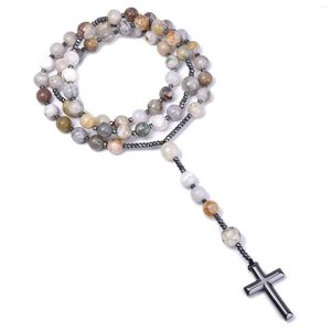 Pendant Necklaces Natural Bamboo Leaves Agate Catholic Christ Rosary Bead Long For Women Men Hematite Cross Necklace