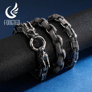 Bangle Fongten Vintage Dragon Bead Link Chain Bracelet Black Square Cubic Rietless Steel Charms Punk Men armbanden mannelijke sieraden