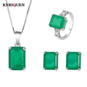 Ställer in lyx 100% 925 Sterling Silver Emerald Party Rings Pendant Necklace Earrings Wedding Engagement Fine Smycken Set for Women Gift