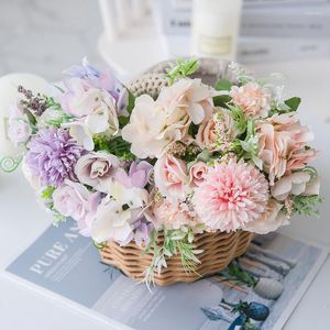 Decorative Flowers Artificial High Quality Silk Rose Peony Lavender Hydrangea Hybrid Bouquet Diy Home Wedding Decoration Fake