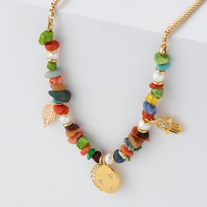 Necklaces Jaeeyin 2021 Fashion Jewelry Colorful Natural Stone Freshwater Pearl Gold Color Leaf Fatima Hand Coin Pendant Bohemia Necklace