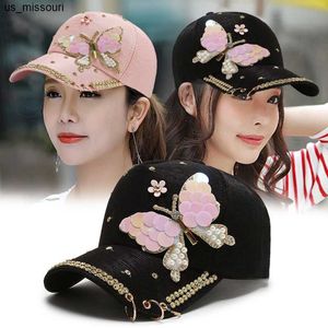 Boll Caps Spring Summer and Autumn Butterfly Sequin Rhinestone Woman Baseball Cap Fashionable Korean Lady Sun Hat 55-59cm J230520