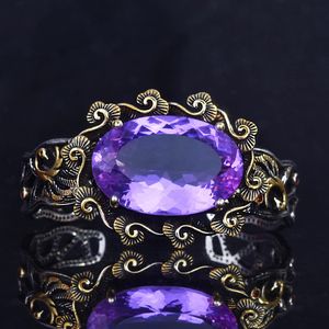 Bangle Ruzzallati Luxury Vintage Tail Silver Natural Amethyst Hollow Filigree Viocock Armband för kvinnor Silverfärgsmycken