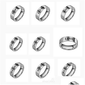 Band Rings Creative Hope /Lucky/ Wish/ Dream/ Inspire/ Love/ Believe/ Always/ Blessed English Letter Ring Stainless Steel Inspiratio Dh7Ek