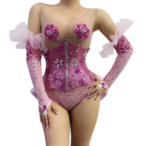 Kvinnor Jumpsuits Rompers rosa ärmlösa blommiga party bodysuit med Crystal Girdle Glove Niglub Pole Dance Leotard Stage Outfit Set 230520