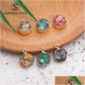 Charms Trendy Resin Druzy Round Stone Pendant Gemstone With Gold Plated Mti Color Double Side Diy Bracelet Earring Necklace Jewelry Dhwhp