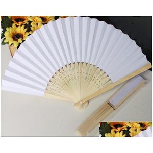 Fãs parasols papel mão branca fã chinês fã casamento acessórios de dança de 21 cm decorações de casa de madeira hollow holding wfs006 gota dhwl1