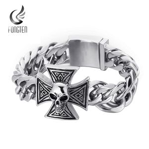 Bangle Fongten Punk Skeleton Cross Link Chain Men Armband Silver Color Curb Stainless Steel Viking Bangles For Men Fashion Jewelry