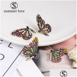 Stud Butterfly Wing Earring for Women Elegant Colorf Crystal Ear Nail Simple Temperament Gold Plating smycken Gift Drop Delivery Earr Dhnlm