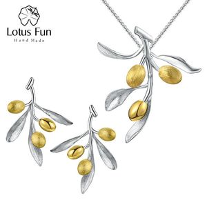 Ställer in lotus roliga olivblad grenfrukter smycken set med dingle örhänge hänghalsband för kvinnor 925 sterling silver smycken