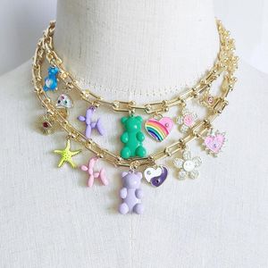 Necklaces Handmade Green Purple Cute Bear Pendant Collar Punk Copper Alloy Horseshoe Chain Jewelry Boho Charm Starfish Balloon Dog Choker