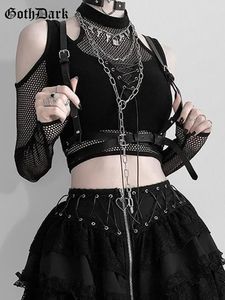 Damski koszulka goth ciemny fishnet wycięty kobiety seksowne kantarki tshirts gotycka grunge czarny bandaż uprawek punkowy otwarte ubranie alt 230520