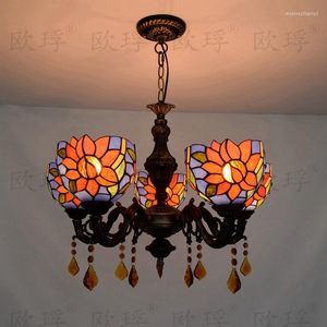 Pendant Lamps Tiffany Sunflower Stained Glass Suspended Luminaire E27 110-240v Chain Lights For Home Parlor Dining Room