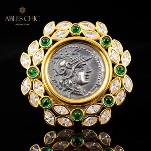 Halsband 925 Solid Silver Roman Coin Emerald Zircon Garland Pendant 18K Gold Tone Byzantine Medallion Halsband C11N3S26177