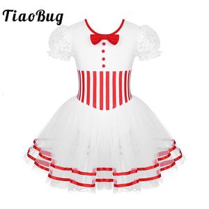 Dancewear TiaoBug Kids Short Lace Sleeves Striped Figure Skating Dress Gymnastics Leotard Girls Performance Dance Costume 230520