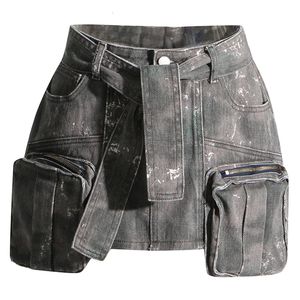 Röcke TWOTWINSTYLE A-Linie Für Frauen Hohe Taille Kurze Länge Patchwork Spitze Up Camouflage Denim Rock Weibliche Sommer Mode 23519 230519