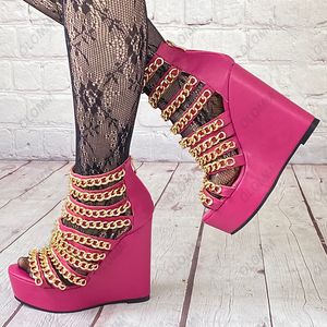 Olomm Handmade Women Gladiator Sandals Chain Zipper Wedges Heels Open Toe Fuchsia Red Purple Party Shoes Women Us Plus Size 5-20