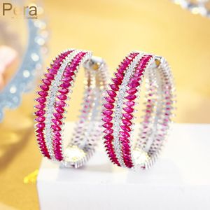 Huggie Pera Super Big Round Shape Marquise Cut Rose Red Cubic Zirconia Silver Color Hoop Earrings for Women Costume Party Jewelry E019