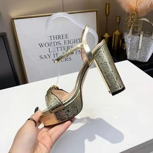 Luxury, fashionable, and sexy high heeled sandals, new summer leather buckle with water cabinet mixed color design, open-toed women's